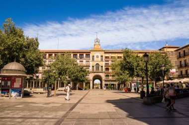 Toledo, Spain - June 21, 2022: Zocodover square and Arco de la Sangre, one of the most popular squares for tourists