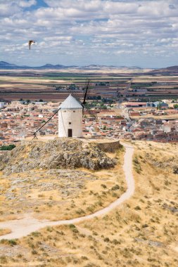 Tepedeki yel değirmeni ve arka planda İspanya 'nın Consuegra köyü.