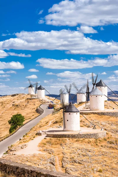 stock image Series of windmills of Consuegra on the hill (Spain)