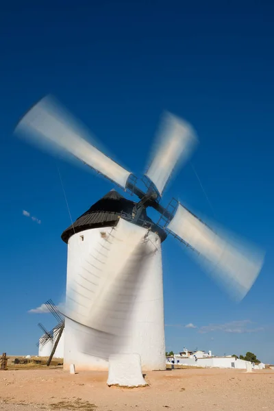Ancient Windmill Campo Criptana Moving Blades Spain Defined Cervantes Don — Stock Photo, Image
