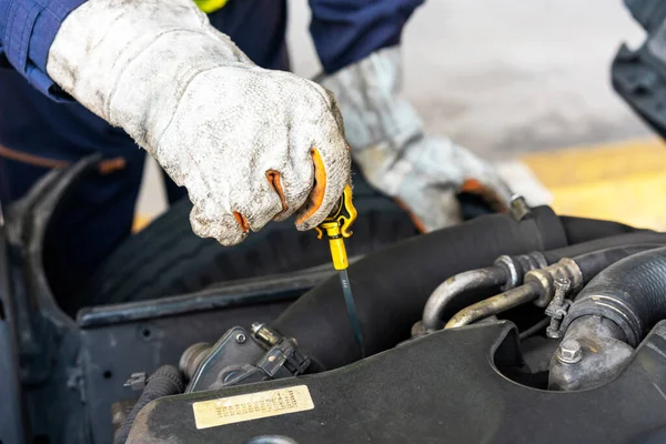 Closeup of mechanic\'s hands checking oil engine. Technician inspecting and maintaining engine of truck, car or vehicle. Mechanic man car service repair automobile vehicles service mechanical man engineering.