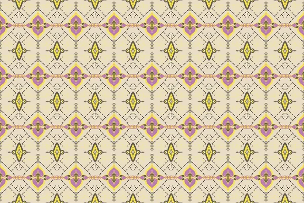 Ikat绣花在黄色背景和黄色 紫色条纹几何东方无缝图案的传统 包装和围巾的设计 — 图库照片