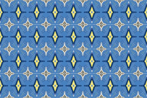Ikat绣花的蓝色背景和黄色 条纹几何东方无缝图案传统 包装和围巾的设计 — 图库照片