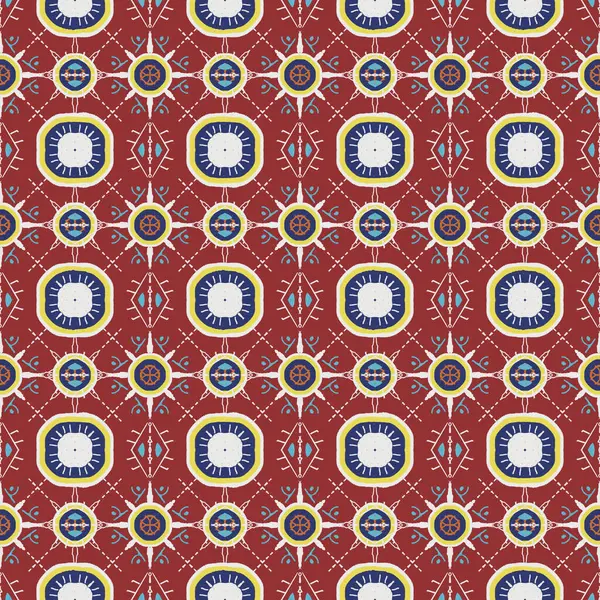 Beautiful ethnic tribal fabric pattern red background, yellow, white, and blue pattern, design for fabric, textiles, scarves, wrapping paper, and ceramics.