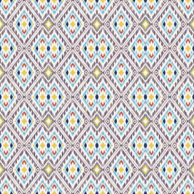 Nakışlı illüstrasyon tasarımı, kabile tarzında dikişsiz çoklu renk şablonu. Geleneksel etnik halk motifi. Aztec ikat geçmişi. Tekstil, kumaş, halı, havlu ve paspas için soyut geometrik sanat.