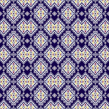 Ikat nakış deseni geometrik kare dikişsiz beyaz çizgiler ve mavi arka planda çok renkli çizgiler. Tekstil, kumaş, elbise, giysi, halı, perde, ipek, duvar kağıdı ve ambalaj kağıdı tasarımı.