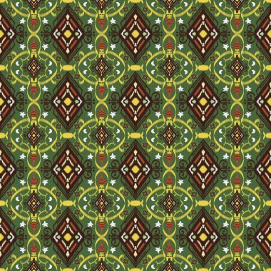 Nakış tasarımı kusursuz, çok renkli, kırmızı ve beyaz desenli kabile tarzında. Geleneksel etnik halk motifi. Aztek ikat yeşil arka planı. Tekstil kumaşları için soyut geometrik sanat. Kumaş halılar, havlular, atkı örtüsü.