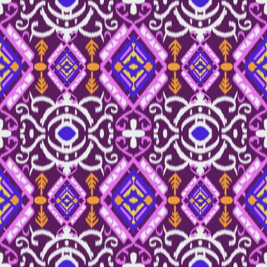 Kabile tarzında mor, sarı, beyaz ve mavi, pürüzsüz, karışık renk şablonu tasarımının nakışlı çizimi. Geleneksel etnik halk motifi. Aztec ikat geçmişi. Atkı tekstil, kumaş, halı, havlu ve paspas için soyut geometrik.