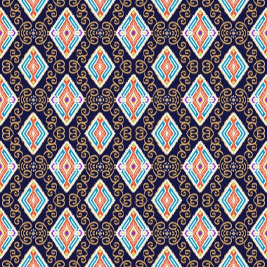 Kabile tarzında mavi turuncu, beyaz ve mor geometrik, dikişsiz çoklu renk şablonu deseni deseni deseni deseni işlemesi. Geleneksel etnik halk motifi. Aztec ikat mavi arka plan. Eşarp tekstil, kumaş, halı, havlu ve...