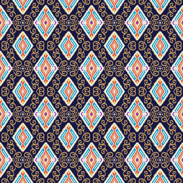 Embroidery illustration of blue orange yellow white and purple geometric seamless multicolor pattern template design in tribal style. Traditional ethnic folk motif. Aztec ikat blue background. Abstract for scarf textiles, fabric, carpets, towels, and