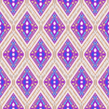 Nakış deseni, kabile tarzında kusursuz, mor ve mavi desenli desenler. Geleneksel etnik halk motifi. Aztec ikat geçmişi. Tekstil, kumaş, halı, havlu ve paspas için soyut geometrik sanat.