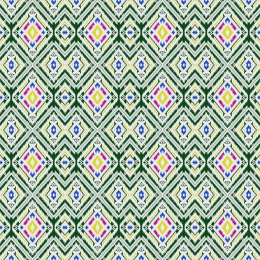 Nakışlı illüstrasyon tasarımı, kabile tarzında dikişsiz çoklu renk şablonu. Geleneksel etnik halk motifi. Aztec ikat geçmişi. Tekstil, kumaş, halı, havlu ve paspas için soyut geometrik sanat.