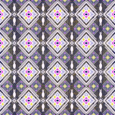 Ikat nakışlı yerel kumaş desenli geometrik dikişsiz beyaz çizgiler, pembe, mor, mavi arkaplanda mavi çizgiler. Tekstil, kumaş, elbise, giysi, halı, perde, ipek, duvar, ambalaj kağıdı tasarımı.