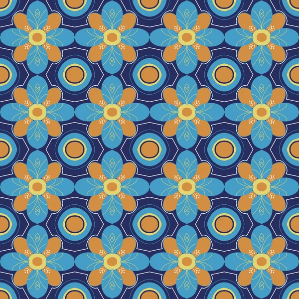 Hand Drawing Retro Blue Yellow and Orange Flowers Seamless Abstract Illustration Pattern repeat on Blue Background