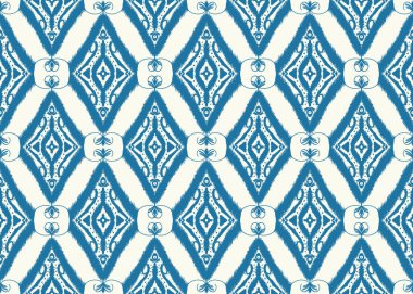 Beyaz ikat geometrik desenli kabile sınır dokusu Aztek tarzı dikişsiz çizgiler nakış, Hint, Meksikalı halk motifleri mavi arka planda geleneksel etnik doğu motifleri. Halı perdesi duvar kağıdı kumaşı çizimi.