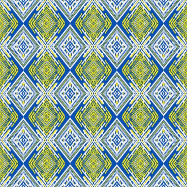 Sarı ve beyaz geometrik kumaş desenlerinin çizimleri. Mavi arkaplanda pürüzsüz doku var. Tekstil, giysi, duvar kağıdı ve ambalaj kağıdı için grafiksel modern desen.