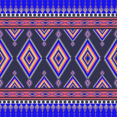 Etnik, pürüzsüz geometrik kabile arkaplanı. Mavi arka planda mavi, sarı, beyaz geleneksel renk motifleri. Tekstil duvar kağıdı kumaşı için soyut Aztek süslemesi. Vektör illüstrasyonu