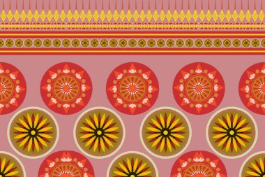 Klasik kırmızı ve sarı etnik soyut desenli kusursuz kabile. Aztek geometrik sanat. Duvar kağıdı, yastık, giysi ve kumaş için Navajo tekstil arka plan tasarımı. Vektör illüstrasyon nakış biçimi.