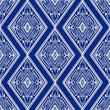 Mavi Etnik desenler Ikat arka plan nakışı. Klasik kabile Navajo geleneksel geometrik sanatı Aztek renginde. Duvar kağıdı, doku, tekstil, kumaş, giysi, ambalaj, batik, sarong için tasarım.