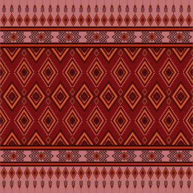 Kırmızı etnik desenli arka plan nakışı. Klasik kabile Navajo geleneksel geometrik sanatı Aztek renginde. Duvar kağıdı, doku, tekstil, kumaş, giysi, ambalaj, batik, sarong için tasarım.