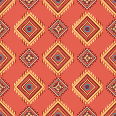 Klasik renkli, etnik soyut desenli, dikişsiz bir kabile. Aztek geometrik sanat. Duvar kağıdı, yastık, giysi ve kumaş için Navajo tekstil arka plan tasarımı. Vektör illüstrasyon nakış biçimi.