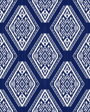 Mavi ve Beyaz Geometrik Etnik Örnekler Ikat. Klasik Navajo kabilesi geleneksel sanat eseri Aztek renginde. Duvar kağıdı, doku, tekstil, kumaş, giysi, ambalaj, batik, sarong için tasarım.