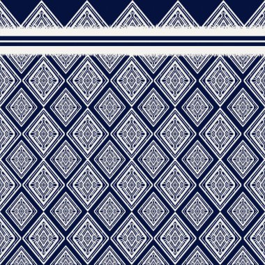 Mavi ve Beyaz Geometrik Modeller Ikat Nakış. Klasik Navajo kabilesi geleneksel sanat eseri Aztek. Duvar kağıdı, doku, tekstil, kumaş, giysi, ambalaj, batik, sarong için tasarım.