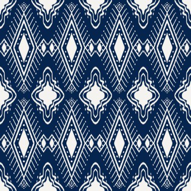 Mavi ve beyaz geometrik soyut etnik desenler kusursuz arkaplan nakışı. Kabile Navajo geleneksel baskı sanatı Aztek. Duvar kağıdı, doku, tekstil, kumaş, giysi, ambalaj, batik, sarong için tasarım.
