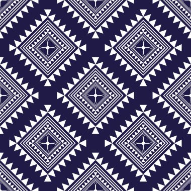 Geometrik mavi ve beyaz klasik Tayland soyut dikişsiz, etnik model. Yerli kumaş, geleneksel Navajo nakışı. Kumaş, sanat, duvar kağıdı, tekstil, sargı, ambalaj için tasarım. - Vektör, İllüstrasyon.
