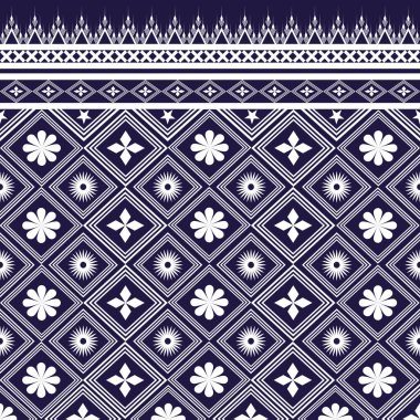 Klasik soyut geometrik, dikişsiz Tayland deseni. Porselen, çingene, seramik fayans, doku, duvar, kağıt, kumaş için mavi ve beyaz geleneksel kabile tekstil tasarımı.