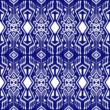 Ikat Fabric Deseni 'nin soyut mavi arkaplan görüntüsü. Aztek kabilesi tarzında, etnik fakirler için kusursuz çizgiler. Arkaplan, duvar kağıdı, kumaş, perde, halı, ambalaj, giysi için tasarım