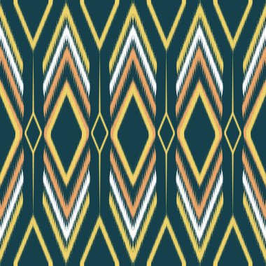 Ikat Fabric Deseni 'nin soyut yeşil arkaplan vektörü. Aztek kabilesi tarzında, etnik fakirler kusursuz çizgiler. Arkaplan, duvar kağıdı, kumaş, perde, halı, ambalaj, giysi, sarong için tasarım