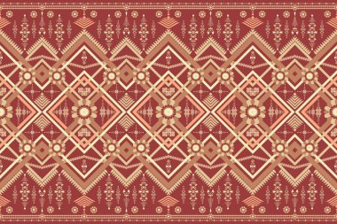 Klasik kırmızı ve sarı kabile soyut geometrik etnik şablon. Yerli kumaş dekorasyonu geleneksel işlemesiz arka plan, baskı halısı duvar kâğıdı ambalajlı kağıt kumaş tasarımı