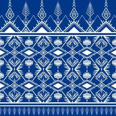 Mavi ve beyaz, soyut etnik örgü desenli, pürüzsüz süs eşyası. Geleneksel Boho tarzı Ikat sanatı. Halk, kumaş, duvar kağıdı, batik, sarong, baskı için dekorasyon renklendirici arka plan tasarımı.