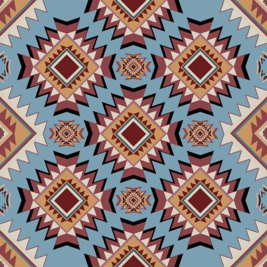 Klasik mavi geleneksel soyut Navajo deseni pürüzsüz. Aztek geometrik sanat. Duvar kağıdı, yastık, giysi ve kumaş için kabile tekstil arka plan tasarımı. Vektör