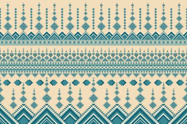 Klasik Yeşil Geleneksel Soyut Geometrik Etnik Düzen. Arka plan ya da halı, duvar kâğıdı, batik ambalaj için sarı arka plan dizaynı üzerine Doğu Kabilesi işlemeli kumaş kenarı. Vektör illüstrasyonu