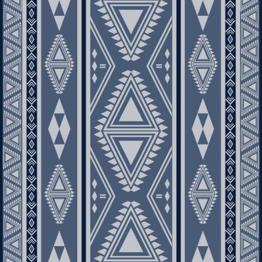 İndigo mavisi soyut geometrik etnik model. Geleneksel çokgen çizgileri. Navajo kusursuz desen. Kumaş desenli giysi perdeleri ve sarong için Aztek sınırı yerli kabile tasarımı.