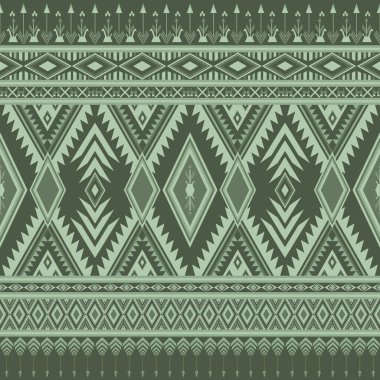 Yeşil Yerli Güneybatı Etnik modeli. Asya Kabilesi Nakışı Geometrik Aztek soyut Navajo kusursuz tekstil baskısı. Kumaş, sarong, batik, duvar kağıdı, ipek için tasarım