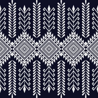 Beyaz soyut etnik model. Mavi arka plan halk nakışı tekstil tarzında geometrik oryantal kabile. Nakış Aztek stili. Arkaplan, duvar kağıdı, kumaş, giysi, Sarong, Saree için tasarım