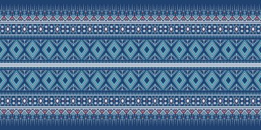 Beyaz ve mavi Geometrik Soyut etnik model, mavi arka planda geleneksellik. Aztek hattı kabilesinin kusursuz süsü. Sınır dekorasyonu. Duvar kağıdı, tekstil, kumaş, giysi, batik, halı, Sarong için tasarım