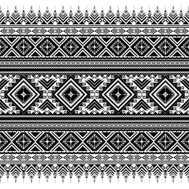 Siyah ve beyaz soyut etnik geometrik sanat. Tek renkli kabilenin kusursuz deseni. Aztek halk nakışları. Geleneksel Afrika çizgileri. Halı, kapak, duvar kağıdı, ambalaj, kumaş için tasarım