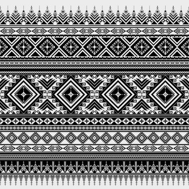 Yerli siyah ve beyaz geometrik soyut etnik model. Tek renkli kabilenin kusursuz deseni. Aztek halk nakışları. Geleneksel Afrika çizgileri. Halı, kapak, duvar kağıdı, ambalaj, kumaş için tasarım