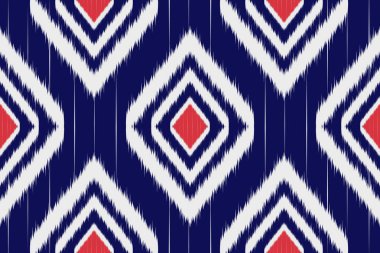 Renkli Soyut Geometrik Ikat deseni pürüzsüz. Etnik Aztek kumaşı kabilesi Hint Afrika geleneksel tekstil deseni. Klasik soyut folklor süslemesi işlemeli arka plan. Vektör illüstrasyonu.