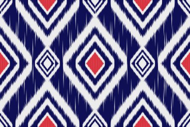 Renkli Soyut Geometrik Ikat deseni pürüzsüz. Etnik Aztek kumaşı kabilesi Hint Afrika geleneksel tekstil deseni. Klasik soyut folklor süslemesi işlemeli arka plan. Vektör illüstrasyonu.
