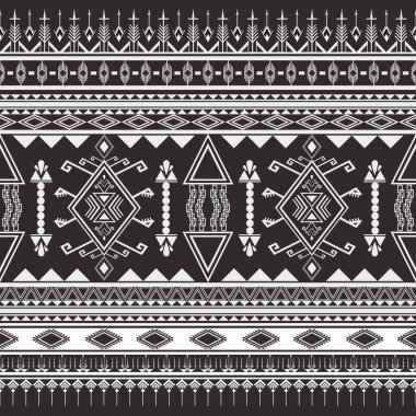 Klasik soyut kabile desenleri pürüzsüz. Geometrik işlemeli siyah-beyaz etnik desen tasarımı. Arka plan, duvar kağıdı, tekstil, halı, giysi, ambalaj, yastık, kumaş