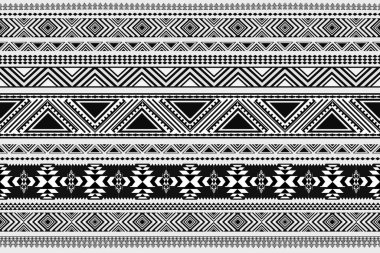 Yerli kabilenin kusursuz siyah ve beyaz desenli arka planı. Aztek kabilesinin kusursuz deseni, geleneksel geometrik etnik desen. Kumaş, sanat, duvar kağıdı, tekstil, ambalaj için tasarım. Vektör İllüstrasyonu