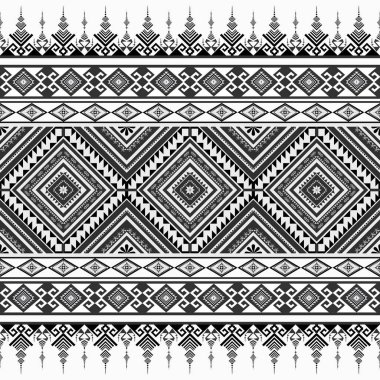 Soyut siyah-beyaz kabile şablonu. Aztek kabilesinin kusursuz bir geçmişi var. Geleneksel geometrik nakış deseni. Giysi, kumaş, sanat, duvar kağıdı, tekstil, ambalaj tasarımı.