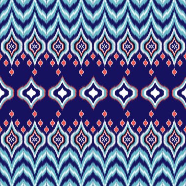 Yerli Renkli Soyut Ikat desenleri pürüzsüz. Lacivert Aztek, Kızılderili kabilesi ve Afrika tekstili. Arkaplan soyut folklor süslemesi işlemeli arka plan. Vektör illüstrasyonu