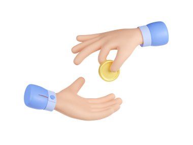 El, içi boş avuç içlerine altın para veriyor. Bağış, para bağışı, ödeme, banka kredisi, yatırım veya mali destek kavramı, beyaz arka planda izole edilmiş 3D resimleme