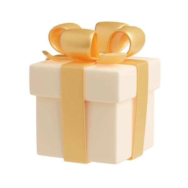 Рендеринг Подарочная Коробка Золотой Лентой Изолированный Закрытый Кремовый Бежевый Пакет — стоковое фото